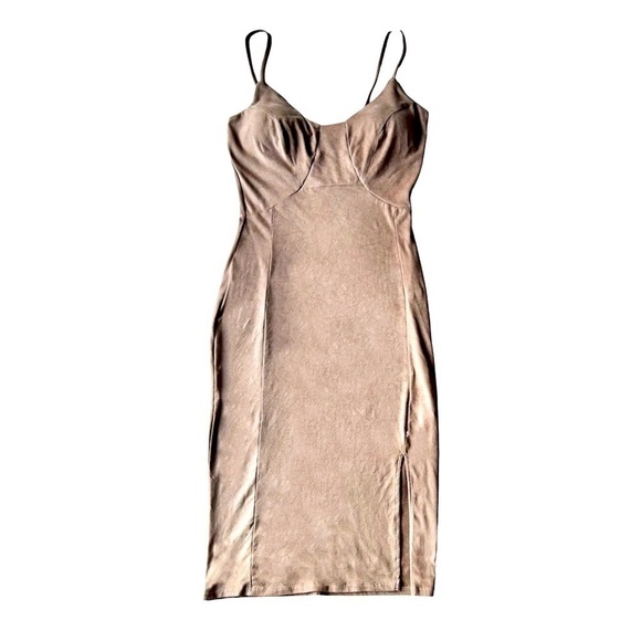 Blue BLUSH SUEDE MIDI DRESS beige side slit size M - Picture 2 of 10